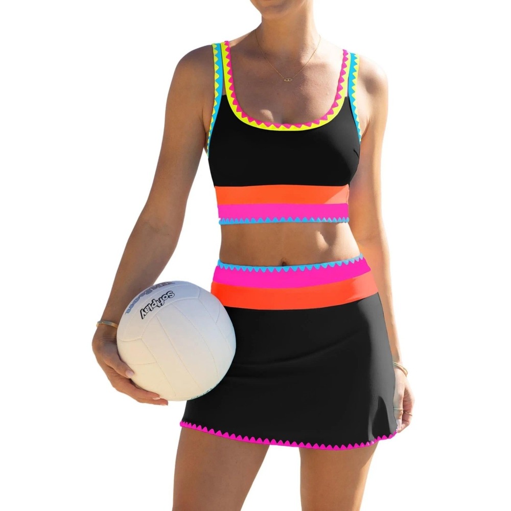 NWT Popvil High Waisted Bikini Set 3 Piece Swimsuit Neon Skirt Black Red Medium